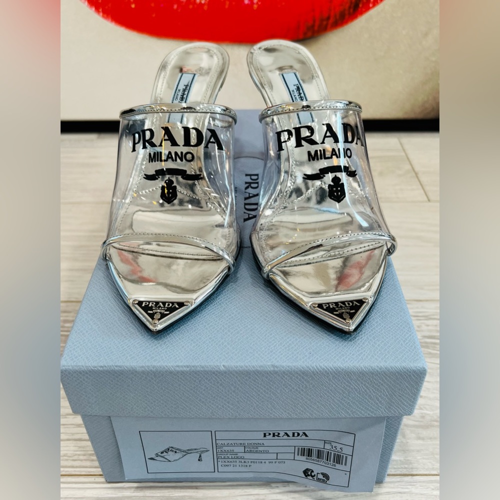 PRADA Logo-print Plexiglas high-heel slides EU:35.5 - Picture 3 of 12